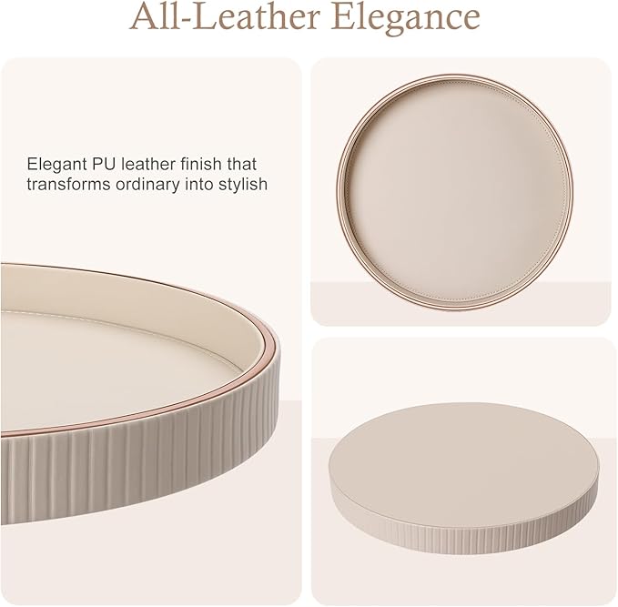 GORESE Round Decorative Tray for Coffee Table Decor, 12" PU Leather Serving tray Table Centerpiece Home Decor, Desk Valet Tray for Trinket Jewelry Perfume Key, Ottoman Tray Nightstand Organizer, Beige