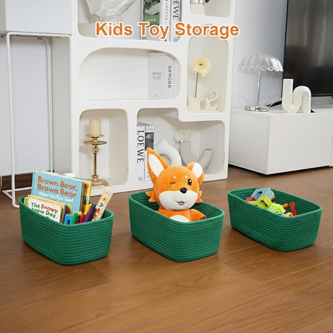 Ordn2Ordn Small Storage Baskets for Organizing, Woven Storage Bins for Shelves, Gift Basket Empty, Cute Decorative Closet Organizer, Baby Rope Basket, Dog Toy Storage, 12.6x8.2x5”, 3Packs Green
