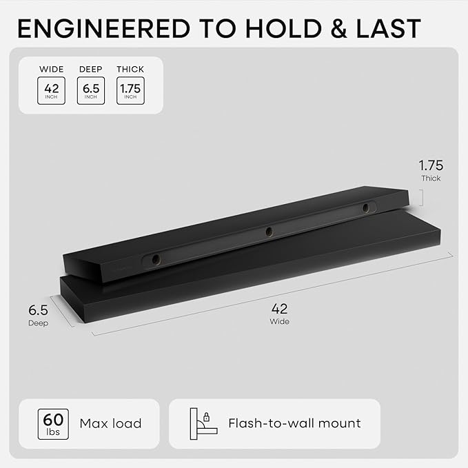 Homeforia Floating Black Shelf 42 inch, High-End Solid Real Wood 42 inches Long Floating Shelves for Wall, Black Wooden 42inch Large Floating Shelves, Heavy Duty Bracket, 42 X 6.5 X 1.75 in, Set of 3