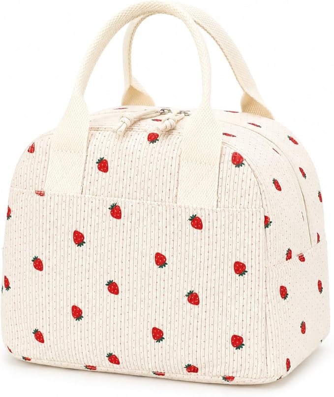 LOVELYWIND Insulated Strawberry Lunch Bag for Women, Stylish Corduroy Tote with Aluminum Lining, Large Capacity Reusable Cooler for Work, Travel, Beach or Picnic, Beige Cream Water-Resistant Lunch Box
