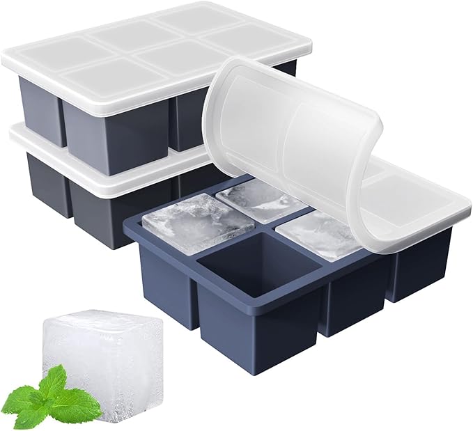 Large Ice Cube Tray for Whiskey: FDDBI Big Square Ice Cube Maker for Cocktail - 3-Pack Silicone Old Fashioned Ice Cube Trays - 2-Inch Huge Cubed Ice Trays for Whiskey