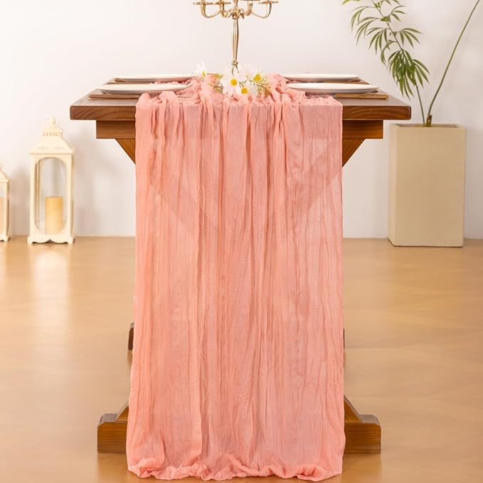 Socomi 2pcs Coral Peach Summer Cheesecloth Table Runner Boho Rustic Gauze 120 inch 10FT Cheese Cloth Sheer Runner for Wedding Party Baby Shower Birthday Home Decor Holiday Decorations