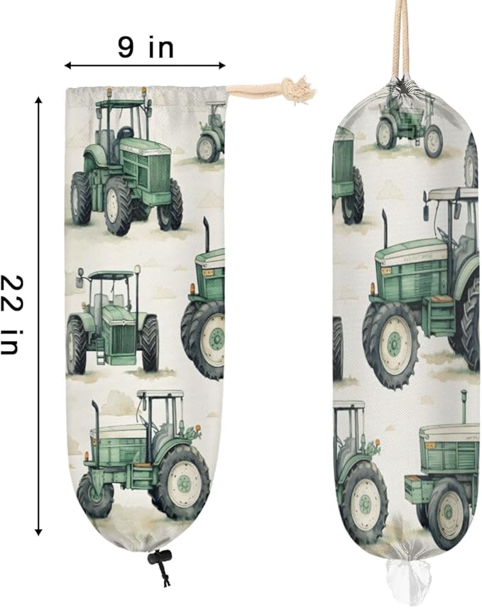 Sabokido Vintage Truck Plastic Bag Holder Green Farm Car Tractor Grocery Bag Storage Dispenser Washable Hanging Shopping Bags Carrier Reusable Wall Mount Trash Bag Organizer for Kitchen Pantry