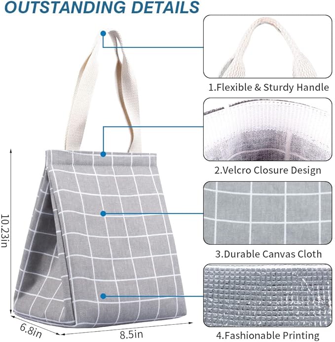 iknoe Insulated Lunch Bag for Women & Adults, 9L Foldable Wide-Open Cooler Bag with Pockets, Leakproof & Portable, for Picnic, Office, Beach (Gray grid)