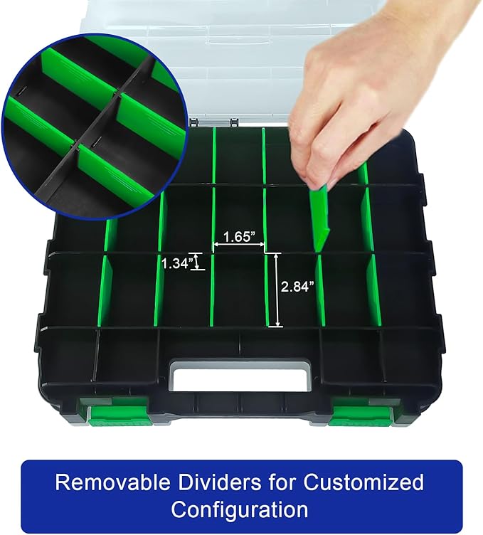 Tools Organizer Box Small Parts Storage Box 50-Compartment Double Side Hardware Organizers with Removable Plastic Dividers for Screws, Nuts, Nails, Bolts, Green