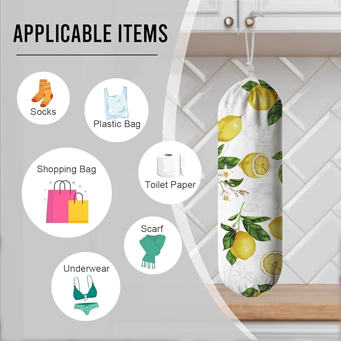 Lemon Plastic Bag Holder, Lemon Fabric Grocery Bag Dispenser, Wall Mount Washable Shopping Bags Carrierfor Home Kitchen, Housewarming Gift, Kitchen Pattern Garbage Bags 62