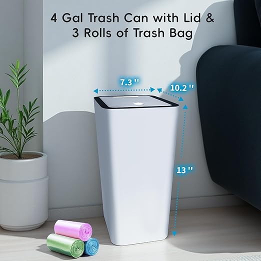 Lysam Small Trash Can, 3 Pack 4 Gallons Bathroom Garbage Can with Lid Press-Top, Small Waste Basket with Trash Bags, Slim Plastic Garbage Bin for Dorm, Office, Bedroom, Kitchen, Living Room (Multi)