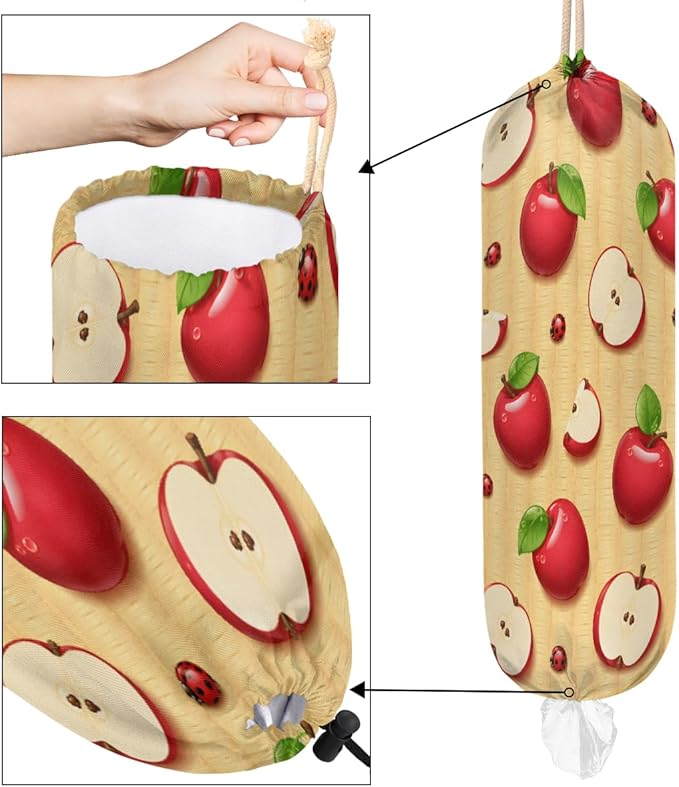 Pardick Plastic Bag Holder Red Apples Wall Mount Grocery Bag Holder Wasgable Plastic Bag Dispenser Garbage Bag Organizer for Home Kitchen Decor, Gifts for Women Mom Family Friends