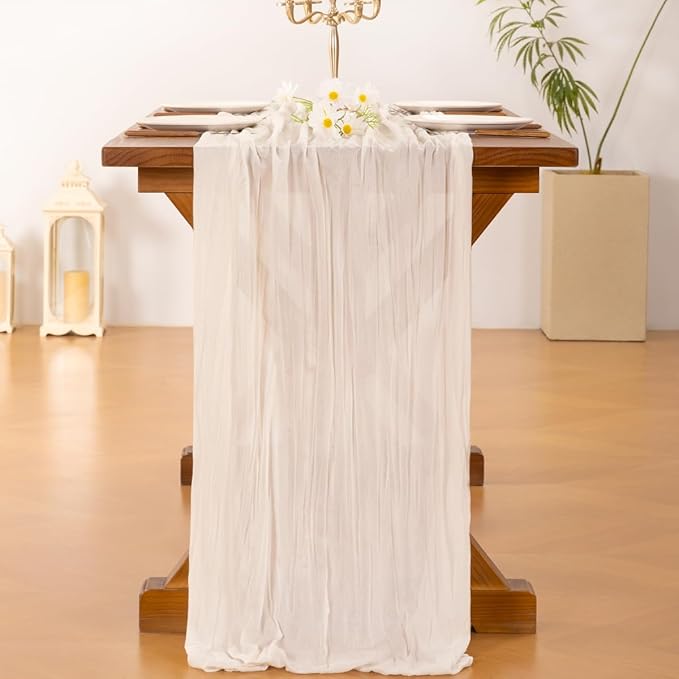 Socomi 6pcs Ivory White Cheesecloth Table Runner Summer Boho Rustic Gauze 120 inch 10FT Cheese Cloth Sheer Runner for Wedding Party Baby Shower Birthday Home Decor Holiday Decorations