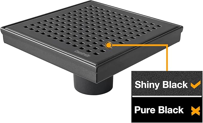 Neodrain 6-Inch Black Shower Drain, Square Drains with Removable Quadrato Pattern Cover, 304 Stainless Steel, Shower Drain Kits with PVC Base&Hair Catcher Strainer, Shiny Black