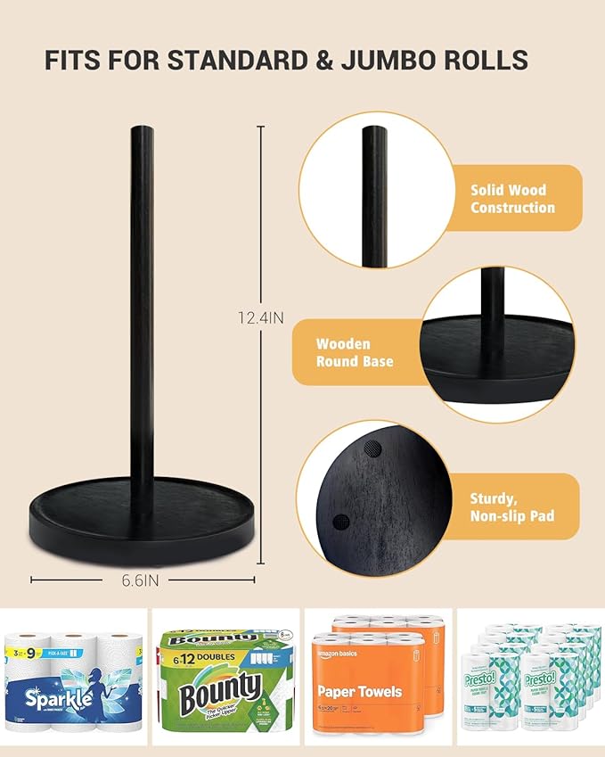 NESAPTO Paper Towel Holder Countertop, Wooden Freestanding Paper Towel Stand for Modern Farmhouse & Cottagecore Decor, Kitchen Bathroom Essential, Black