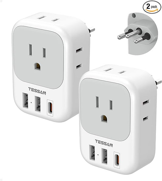 TESSAN Brazil Plug Adapter 2 Pack, 7-in-1 US to Brazil Power Adapter with 3 USB Ports (1 USB-C PD 20W Port), 4 American Outlets, Type N Travel Adapter for USA to Brazilian