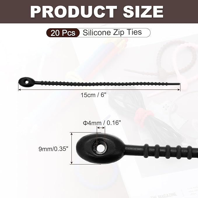 PATIKIL 6 Inch Silicone Cable Ties, 20pcs Rubber Reusable Twist Zip Ties Organizer for Home Office Kitchen Food bags Wires Adjustable Bag Clip, Black
