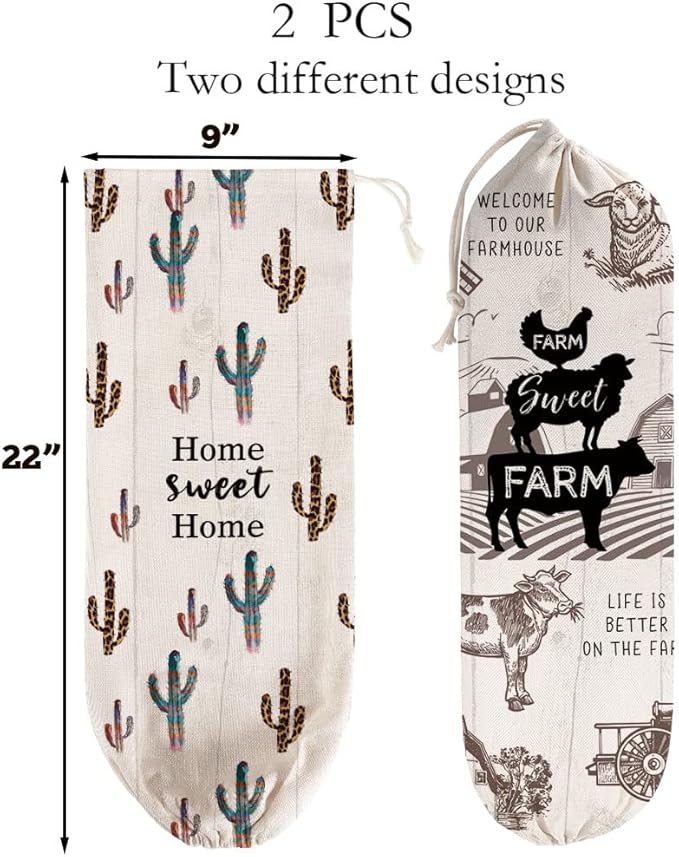 2Pcs Farmhouse Plastic Bag Holder for Kitchen Essentials, Reusable Hanging Grocery Bag Organizer, Washable Large Grocery Trash Bags Storage Dispenser, Farmhouse Home Decor