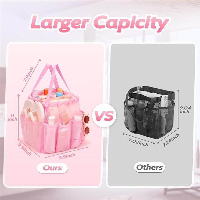 Mesh Shower Caddy Portable with Drawstring, Dorm Room Essentials for College Students Girls, Large Shower Bag for Camping, Swimming, Gym, Travel, Bathroom - Pink