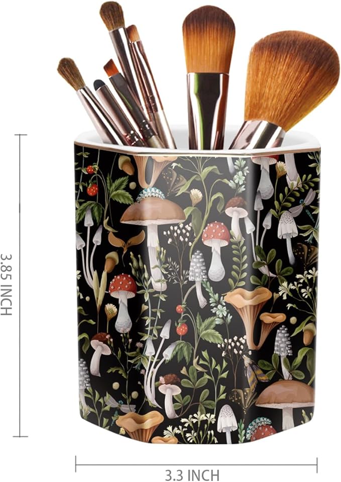 WAVEYU Desk Pen Holder, Ceramic Pencil Cup, Cute Makeup Brush Holder, Desktop Supplies and Accessories for Women Students, Office Home Art Supply Caddy, Mushrooms Pattern