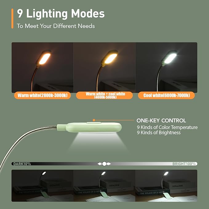 VAVOFO Rechargeable Book Light for Reading in Bed Kids, 7 LED Reading Light with 9-Level Warm Cool White Daylight, Eye Care Lamp with Power Indicator for Bookworms (Avocado Green)