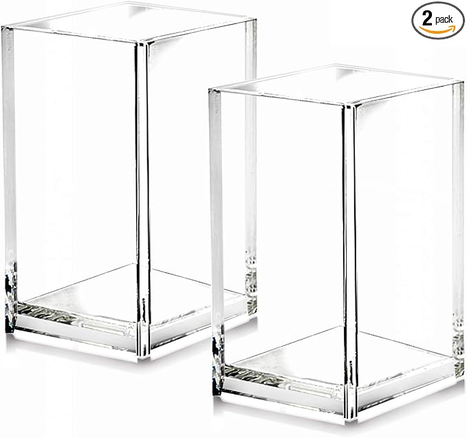 2 Pack Clear Acrylic Pencil Pen Holder Cup,Desk Accessories Holder,Makeup Brush Storage Organizer,Modern Design Desktop Stationery Organizer for Office School Home Supplies,2.6x 2.6x 4 inches