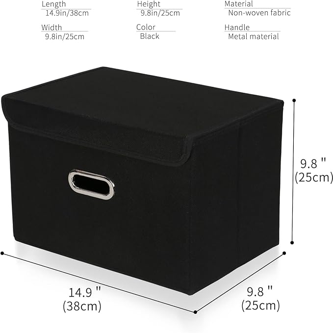 1-Pack Large Collapsible Storage Bins with Lids,Fabric Storage Cubes Organizer for Shelves,Closet,Nursery,Foldable Cube Storage Baskets with Handles,Home Boxes (14.9"x9.8",Black)