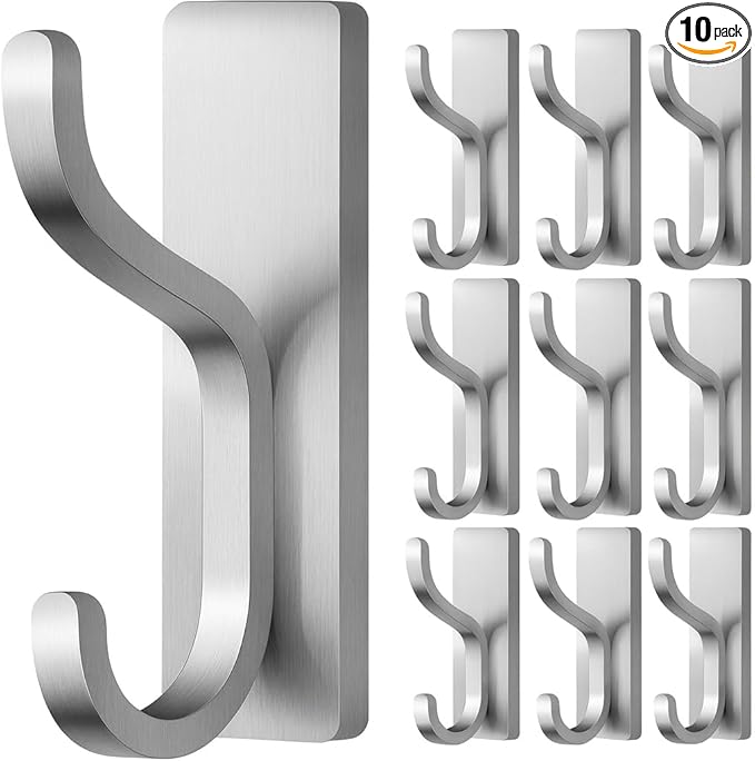 pickpiff Adhesive Wall Coat Hooks - Heavy Duty Stick-On Door Hanger, Metal Hook for Hanging Towel,Purse, Robe, Backpack, Jacket, Clothes - for Bathroom,Dorm, Closet, Kitchen - Brushed Silver, 10 Pack