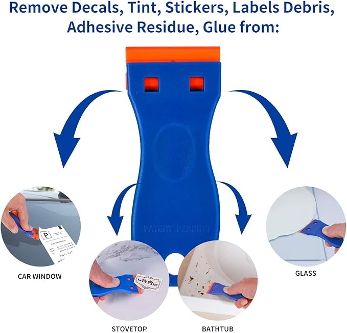 Plastic Razor Blade Scraper, Scraper Tool with 20 PCS Plastic Razor Blades for Removing Labels Adhesive Decals Sticker from Windows Glass (Blue)