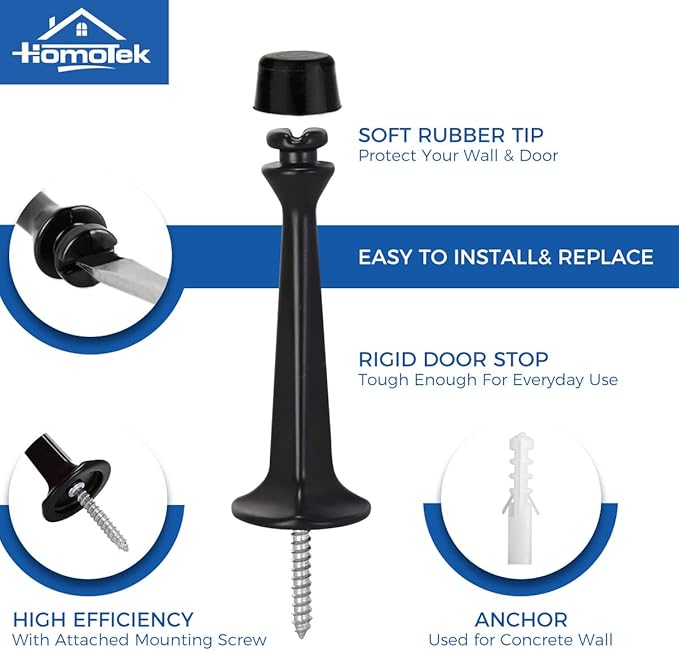 HOMOTEK 6 Pack Heavy Duty Solid Rigid Door Stop with Soft Rubber Tip, Zinc Die Cast Door Stopper Protect Wall & Door, Black