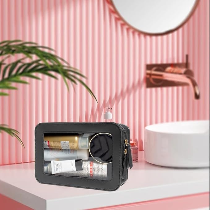 Clear Makeup Bag, Black Travel Makeup Pouch Toiletry Bag for Women Waterproof Small Cosmetic Bag Case Small Make Up Bag with Zipper Car Organizer Car Essentials for Women Men