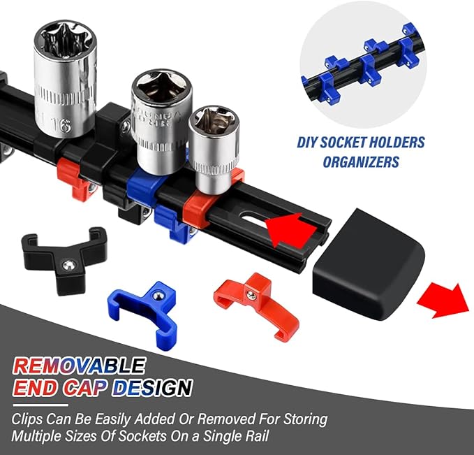 6 Pcs Socket Organizer Rail Set, Premium Socket Holder, Heavy-Duty Socket Rack Kit With 86 Clips 1/4-Inch x 32 Clips, 3/8-Inch x 30 Clips, 1/2-Inch x 24 Clips – Ideal for Tool Storage