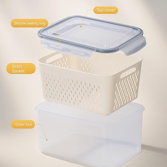 3 Pack Airtight Food Storage Containers with Lids – Refrigerator Organizer Bins with Removable Drain Basket, BPA-Free Fridge Produce Saver for Fruits & Vegetables, Stackable Kitchen Storage Boxes