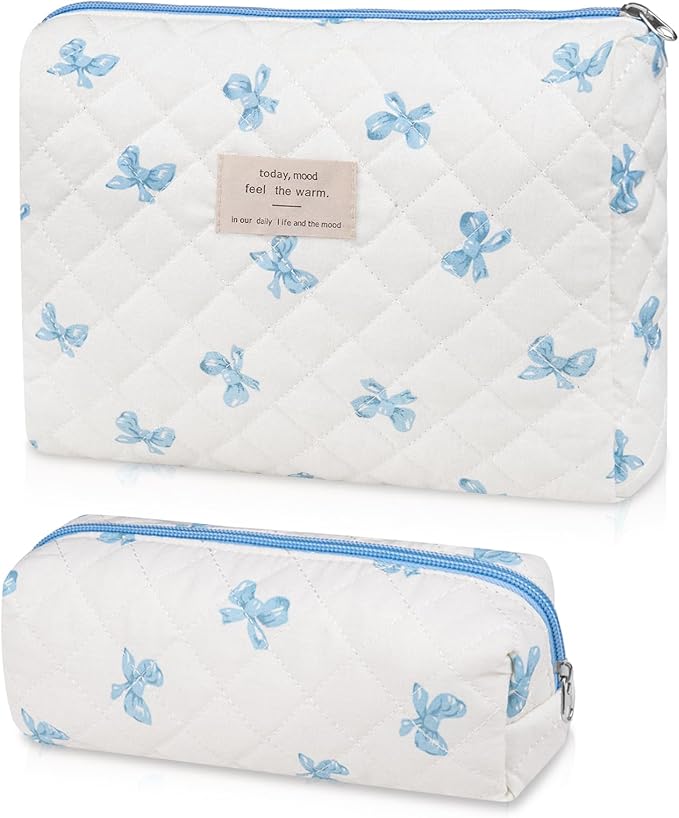 2PC Makeup Bag Set, Cute Cosmetic Bag for Women Girls, Floral Coquette Aesthetic Toiletry Bag, Travel Make Up Organizer Bag (White Blue Butterfly Flower)