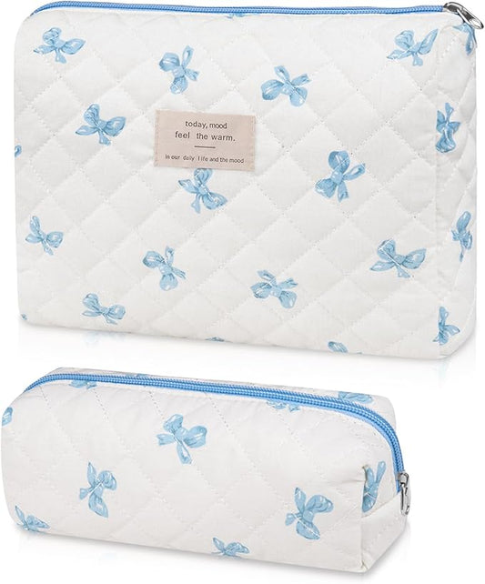 2PC Makeup Bag Set, Cute Cosmetic Bag for Women Girls, Floral Coquette Aesthetic Toiletry Bag, Travel Make Up Organizer Bag (White Blue Butterfly Flower)