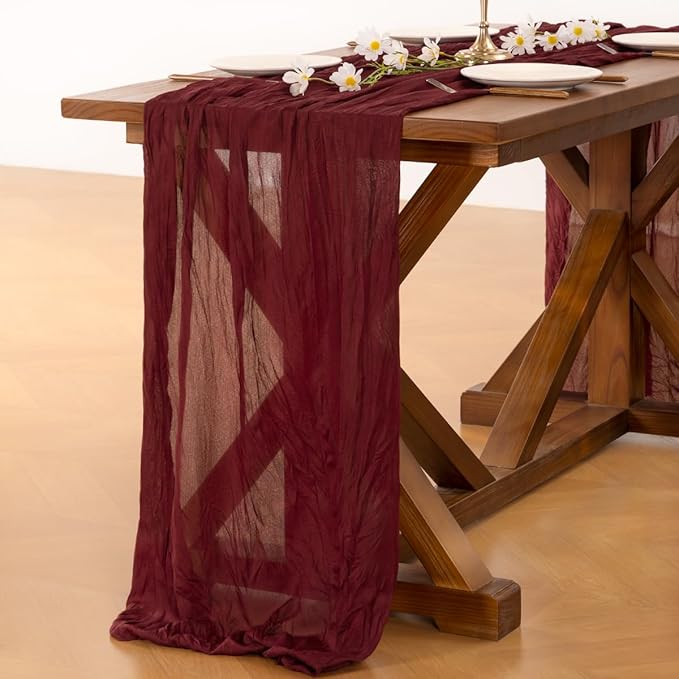 Socomi 6pcs Burgundy Red Summer Cheesecloth Table Runner Boho Rustic Gauze 120 inch 10FT Cheese Cloth Sheer Runner for Wedding Party Baby Shower Birthday Home Decor Holiday Decorations