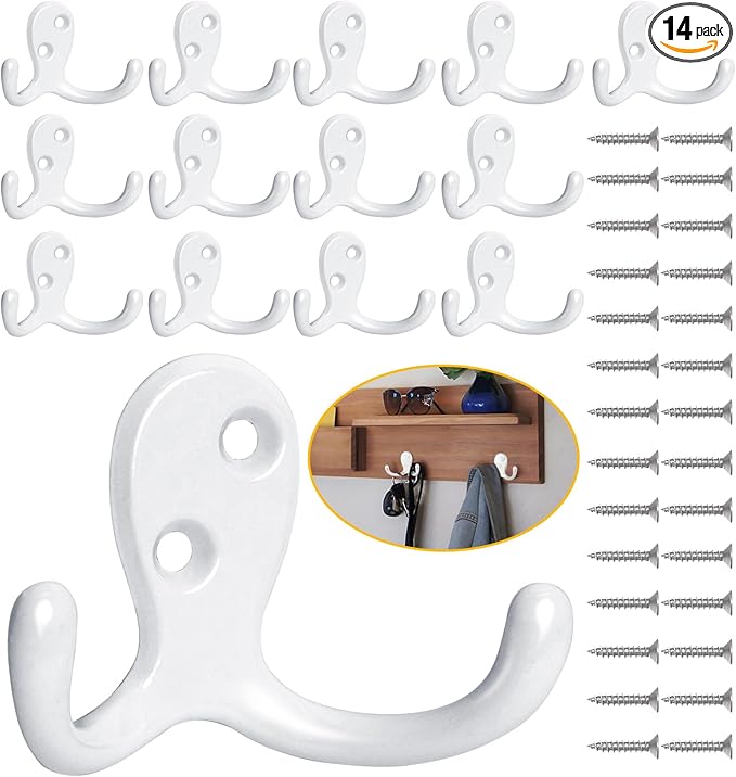 14 Pack Coat Hooks, Heavy Duty Double Prong Coat Hooks Wall Mounted with 28 Screws, No Rust White Metal Wall Hooks for Hanging Towel, Coat, Bag, Hat, Cup, Key