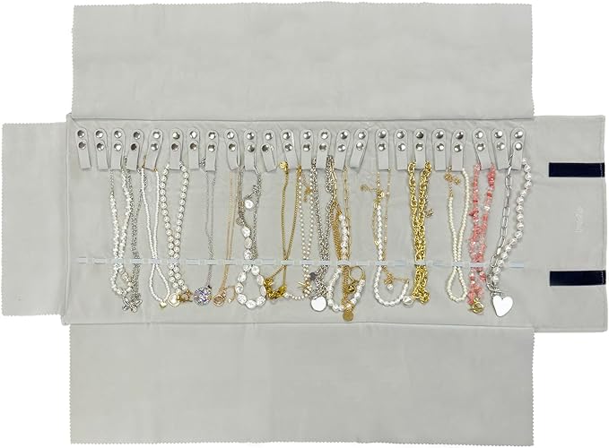 UnionPlus Velvet Travel Jewelry Roll Bag Organizer for Necklace, Elastic Band and Anti-winding, Large, Black and Gray