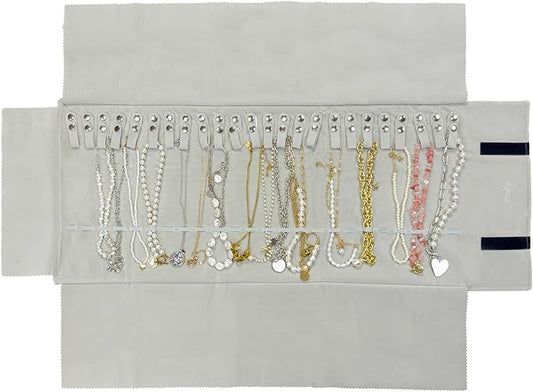 UnionPlus Velvet Travel Jewelry Roll Bag Organizer for Necklace, Elastic Band and Anti-winding, Large, Black and Gray