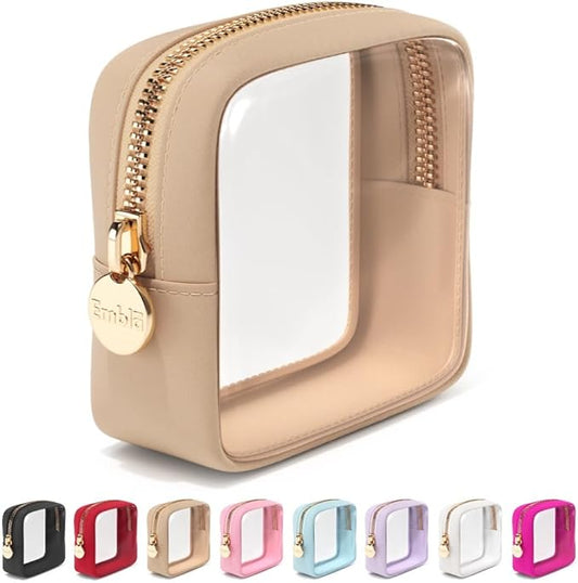 Clear Makeup Bag Zipper Pouch, Transparent Cosmetic Case Organizer, TSA Approved Travel Toiletry Case, Travel Accessories Essentials Makeup Tote for Women, Mini Cute Make up Bag for Purse - Sand