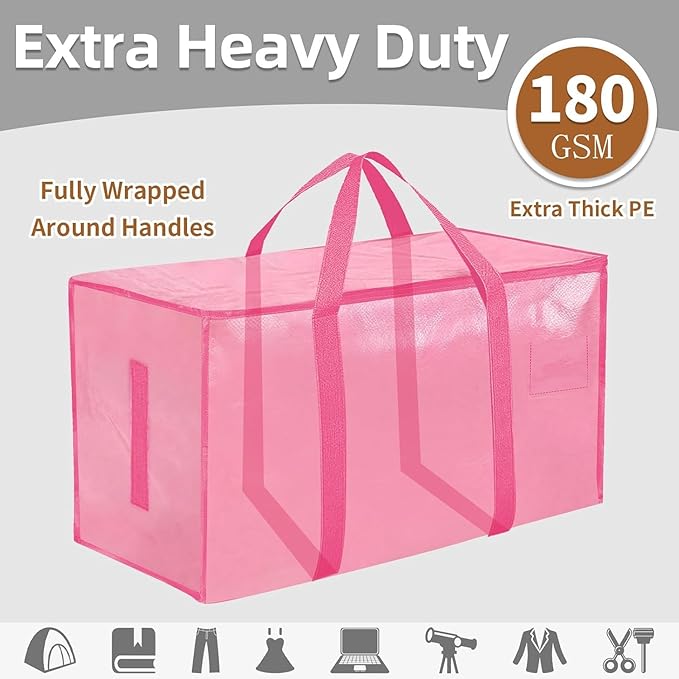 Extra Large Heavy Duty Moving Bags - Waterproof Storage Totes with Reinforced Handles & Zippers, Foldable for College Dorm Essentials, Clothes Storage & Travel (4-Pack Pink)