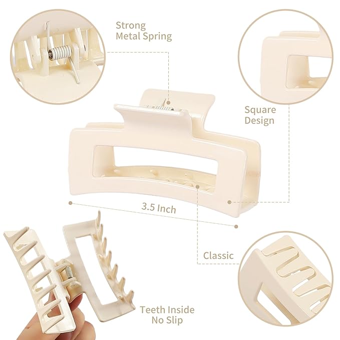 3.5 Inch Medium Square Claw Hair Clips, 12 Pcs Transparent, Amber, Glossy Black for Thick and Thin Hair - Hair Accessories for Women and Girls