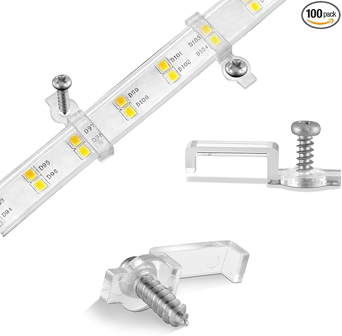 100 Pack Strip Light Mounting Brackets,Fixing Clips,One-Side Fixing,100 Screws Included (For 10mm Wide IP68 Silicone Cover Strips)