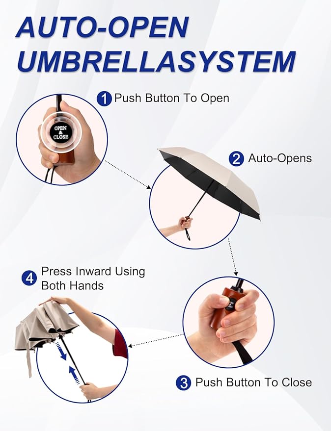 SoulRain Strong Windproof Travel Umbrella with Wooden Handle, Automatic Open Close Compact Folding for Rain & Sun UV Protection, Lightweight Durable Portable for Car, Backpack, Women & Men