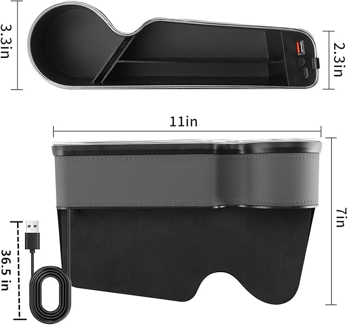 keketuohai 7 Color Led Car Seat Gap Organizer with Type C USB Multifunctional Console Side Gap Organizer with 56W Fast Charger Car Front Seat Gap Filler with Ambient Lamp for Andriod iPhone (Grey)