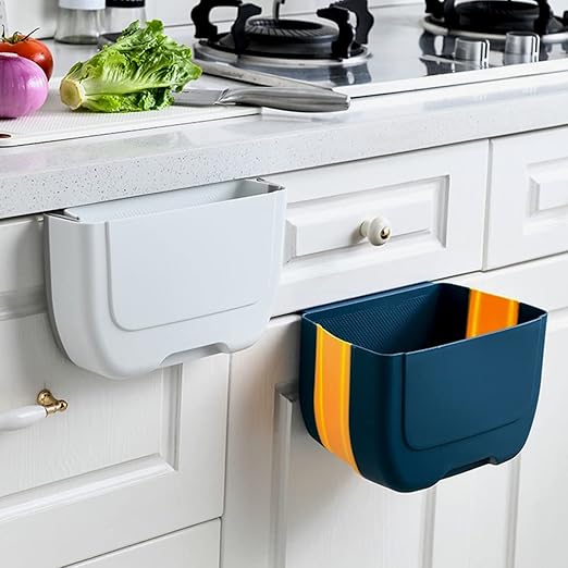 Hanging Folding Mini Trash Can for Kitchen Cabinet Door, Small Collapsible Garbage Bin Under Sink,Wall Mounted Folding Waste Bin- Mini Garbage Container for Cabinet/Bedroom/Bathroom 3L (Blue Yellow)
