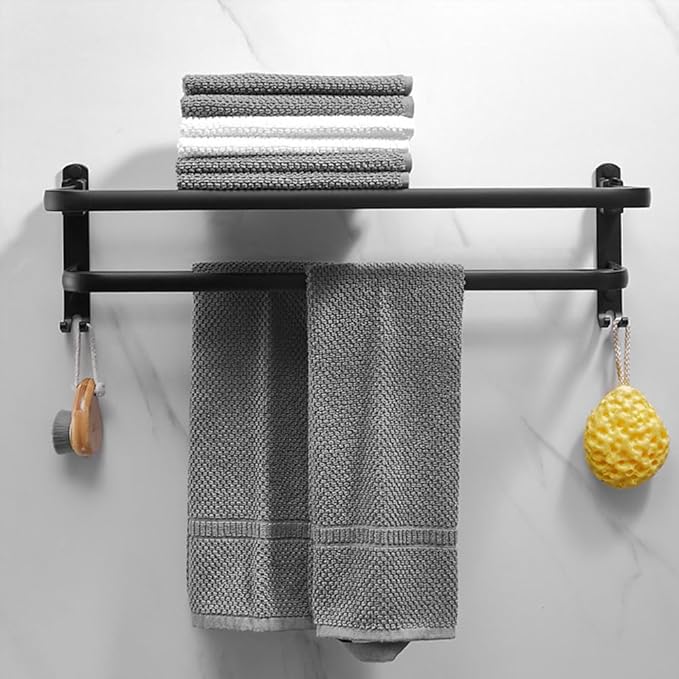 Towel Rack for Bathroom, Bath Towel Holder with Double Towel Bar and Foldable Towel Shelf, Rustproof Towel Organizer Wall Mounted Towel Storage Hanger for Bath/Balcony/Lavatory (16in Black)