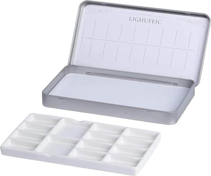 Travel Watercolor Palette,Portable Ceramic Palette with 14 Well,Metal Paint Box with Porcelain Palette(Silver Box)