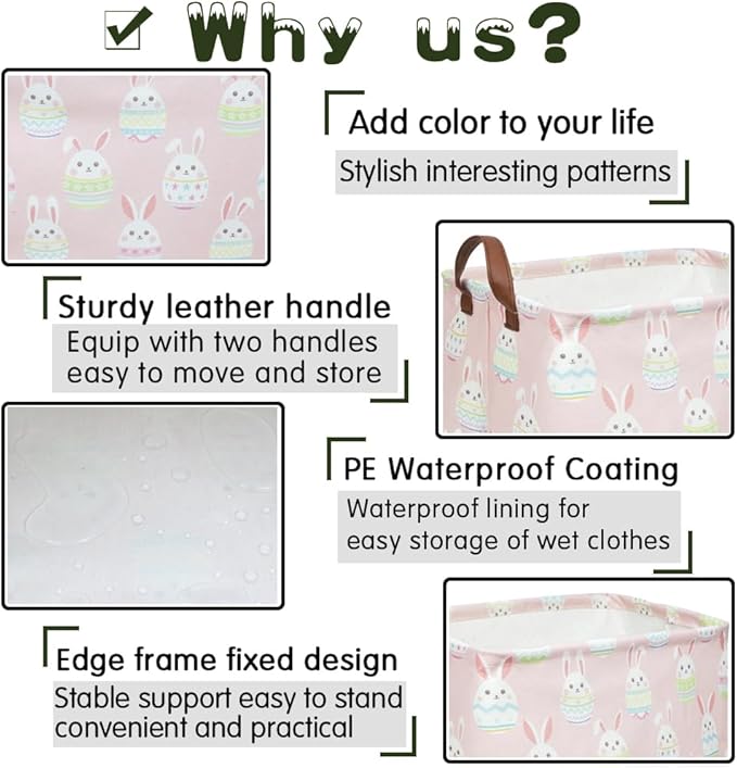 FXOLCSHE Rectangular Easter basket,Girl Easter basket,Nursery Hamper,Kids Toy Storage Basket for baby Bedroom,Kids Storage Bin,Toy Gift Organizerm,Home Decor(Pink Easter)