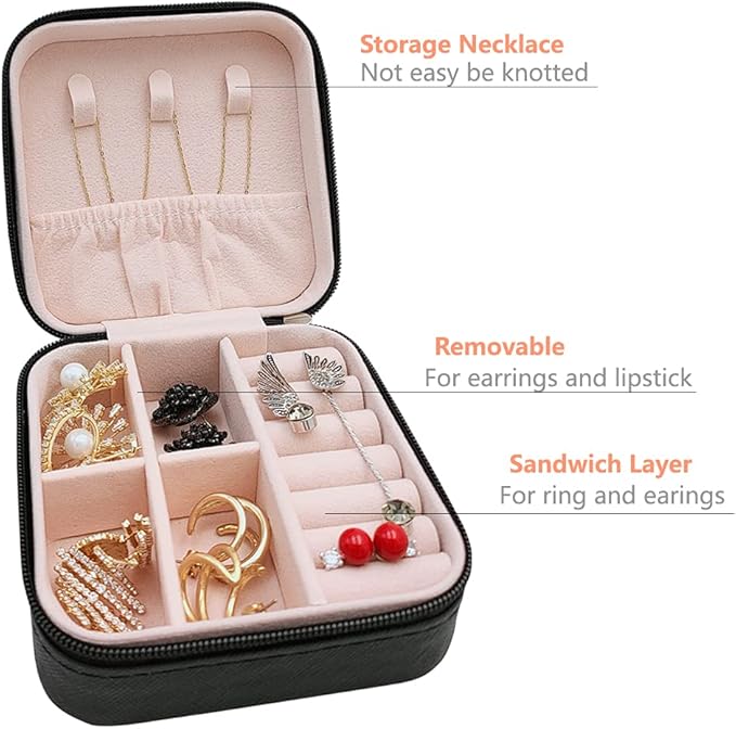 Mini Jewelry Travel Case, Small Portable Jewellry Organizer Box Portable Display Storage Box for Rings Earrings Necklaces, Gifts for Girl, Women, Wedding, Birthday,New Year,Christmas Gifts (Black)