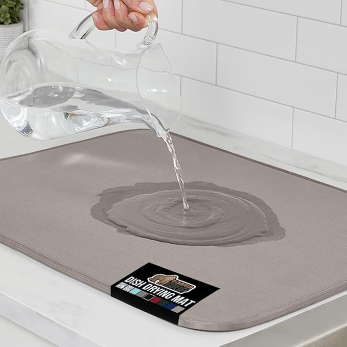 GORILLA GRIP Ultra Water Absorbent Microfiber Dish Drying Mat, 18x32, Quick Dry Thick Mesh, Slip Resistant Pad for Sink Dishes or Under Rack, Kitchen Counter Accessories, Machine Wash Mats, Almond