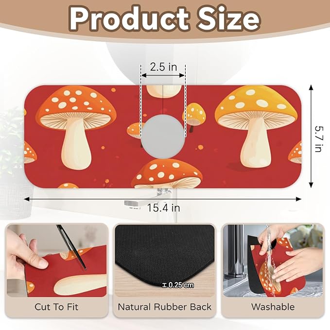 1 PC 15.4*5.7 Inch Absorbent Faucet Mat for Kitchen Sink Diatomaceous Earth Tailored Sink Splash Guard for Bathroom Kitchen Red Mushroom
