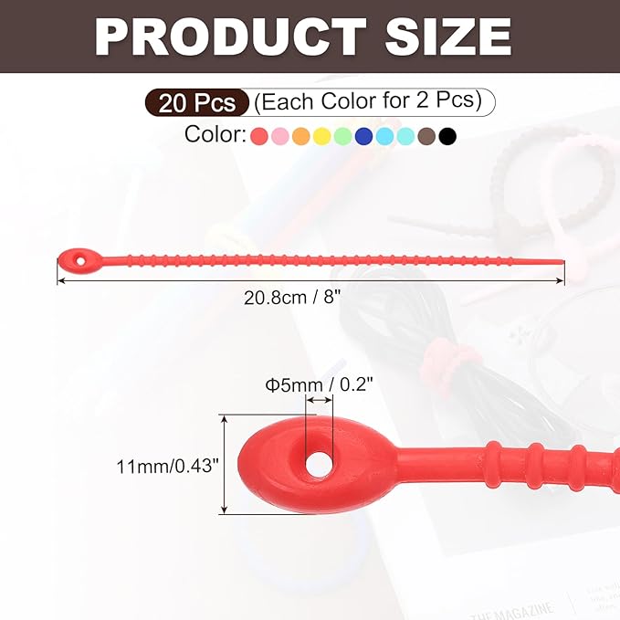 PATIKIL 8 Inch Silicone Cable Ties, 20pcs Rubber Reusable Twist Zip Ties Organizer for Home Office Kitchen Food bags Wires Adjustable Bag Clip, Colorful