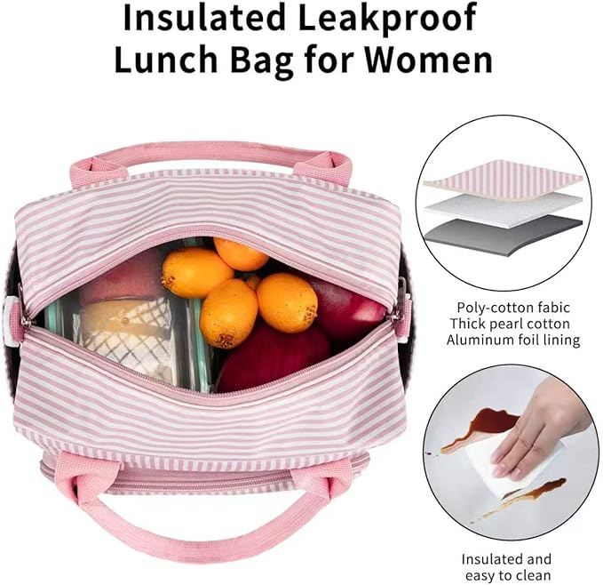 Lunch Bag Women Lunch Box for Women Adult Cute Insulated Lunch Bag Lager Cooler Lunch Tote Bags for Work Picnic (Pink Stripes)